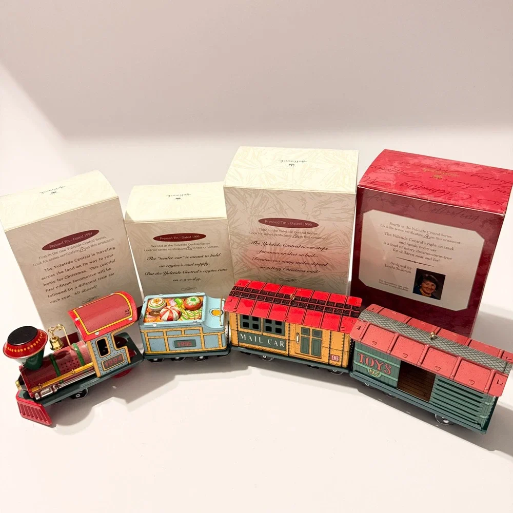Hallmark Yuletide Central Train Ornament Set 1994-1997 Pressed Tin 4pc Boxed